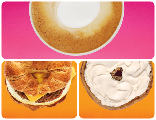 A Dunkin’ Donuts Wake-up Wrap. A Dunkin’ Donuts Sausage Egg & Cheese sandwich. A Dunkin' Donuts hot beverage. 